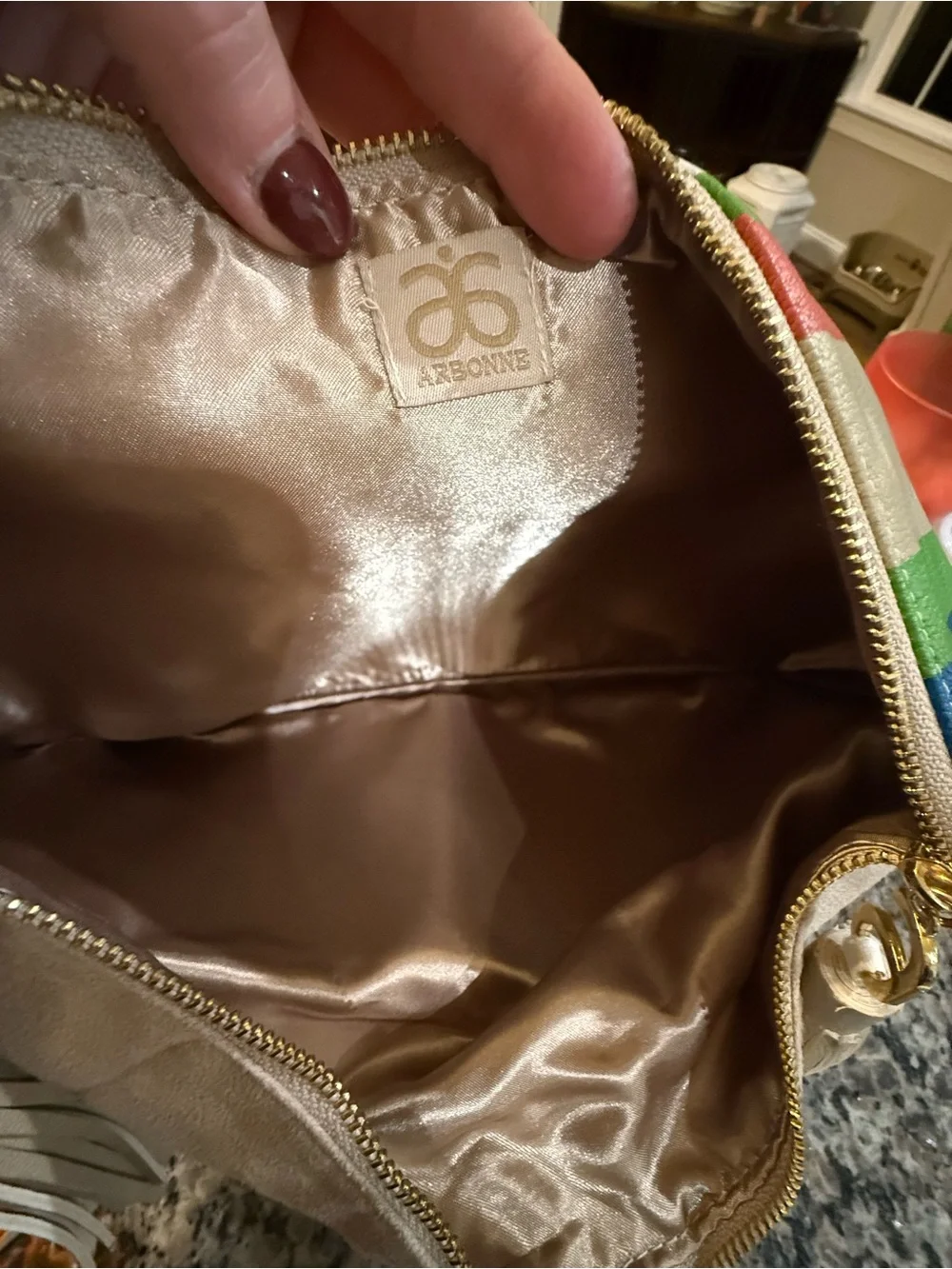 Arbonne Cream Fold-Over Clutch with Multicolor Stripe Accent